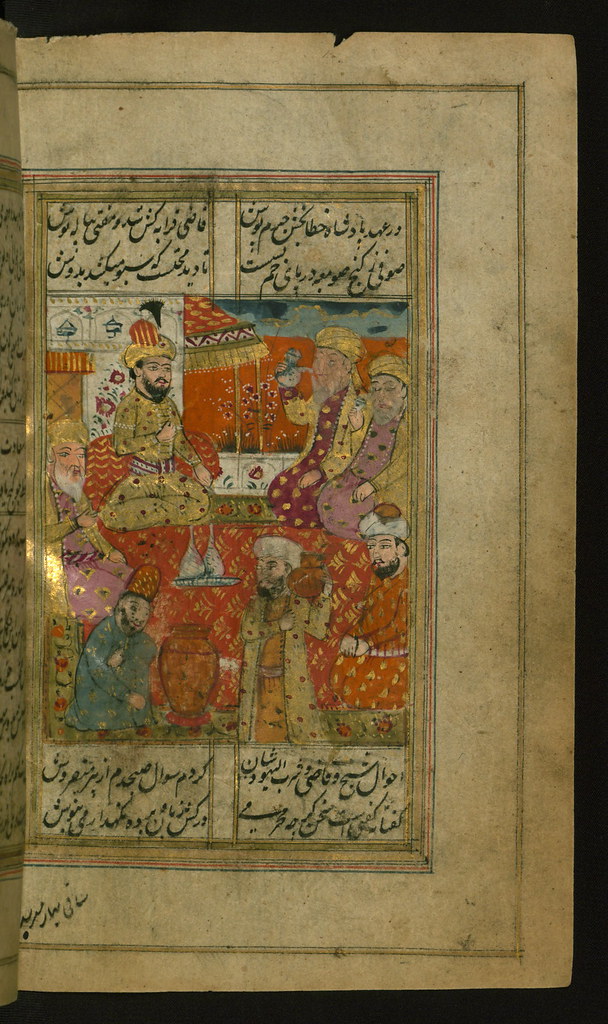 Collection of poems (divan), Ḥāfiẓ with a king, a policeman, a judge and a sufi, enjoying wine, Walters Manuscript W.636, fol. 120b